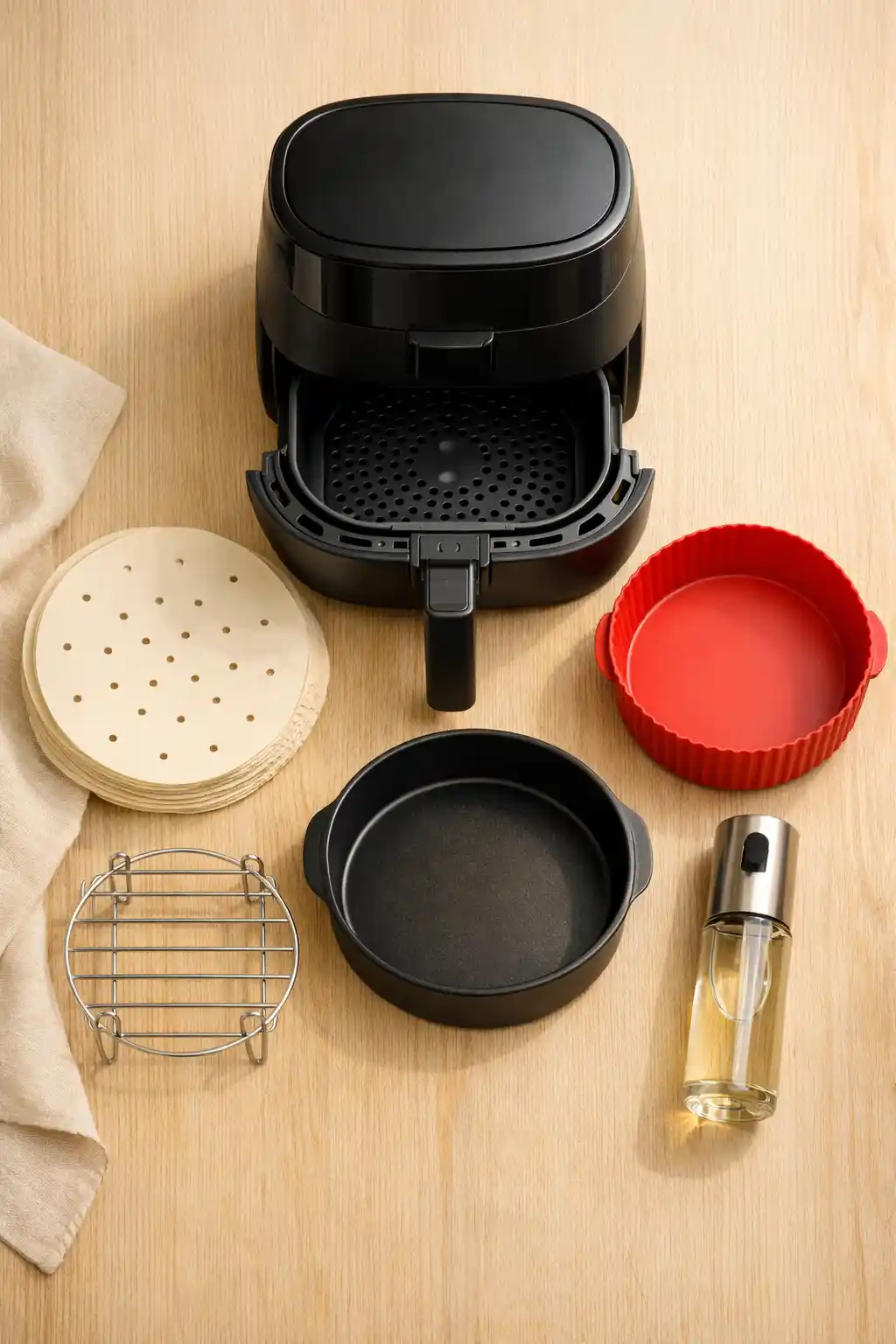 Air fryer surrounded by useful accessories - parchment liners, silicone liner, steel rack, oil sprayer
