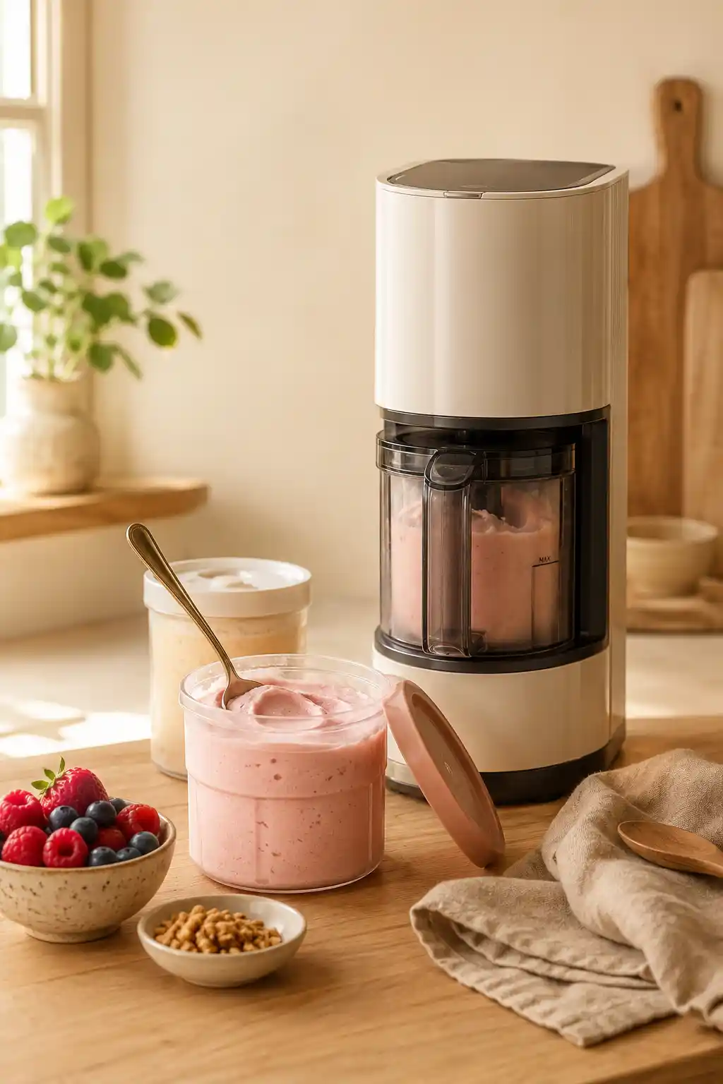 Countertop ice cream maker with a pint of smooth creamy homemade ice cream and fresh berries nearby