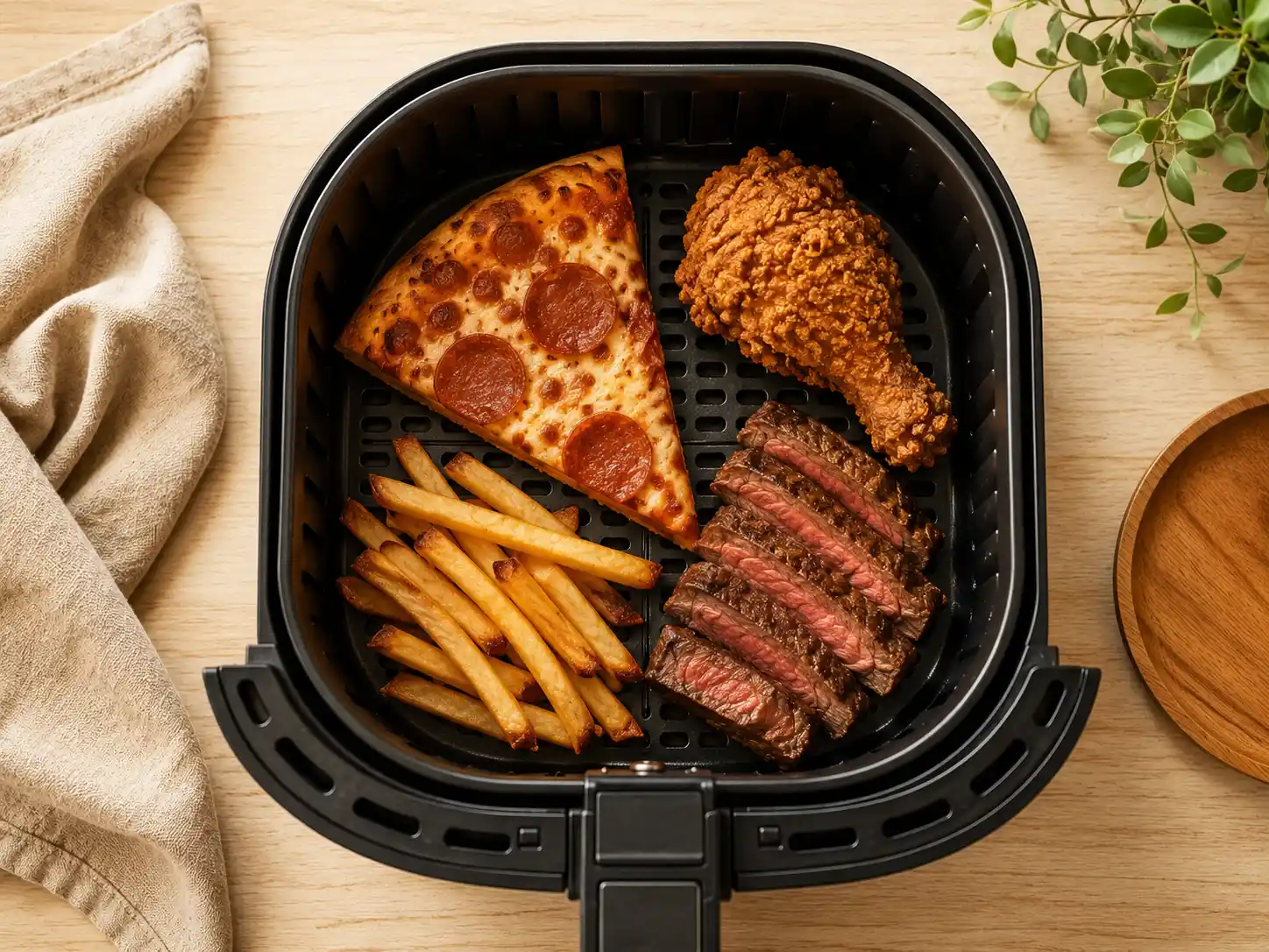 Air fryer basket with reheated pizza, fried chicken, fries, and steak all looking crispy and fresh